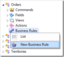 New Business Rule context menu option for Orders controller in the Project Explorer.
