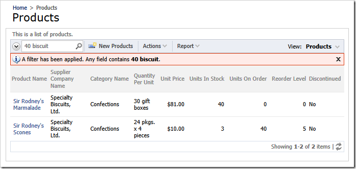The 'Quick Find' result for '40 biscuit' search sample in the demo web app created with Code On Time
