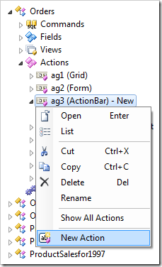New Action context menu option on an action group for Orders controller.