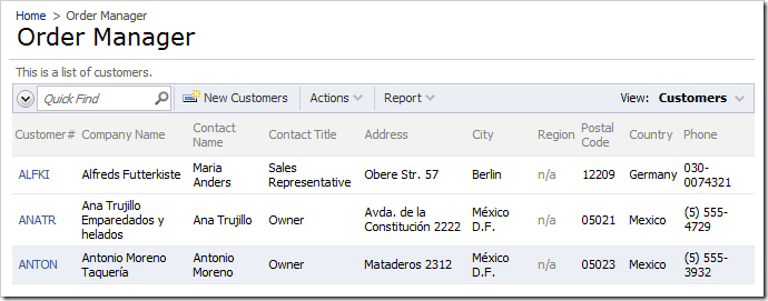 Customers grid on the Order Manager page without any customization.