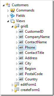 Phone data field has been placed after ContactName in the list of data fields in view 'grid1'.
