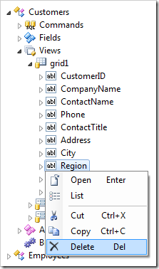 Delete context menu option on the Region data field.