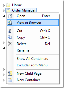 View in Browser context menu option for Order Manager page node will generate the project and open the relevant page node.
