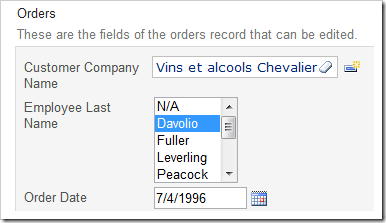 Employee Last Name lookup field configured as a List Box with 5 rows.
