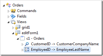 EmployeeID data field node in view 'editForm1' of Orders controller in the Project Explorer.