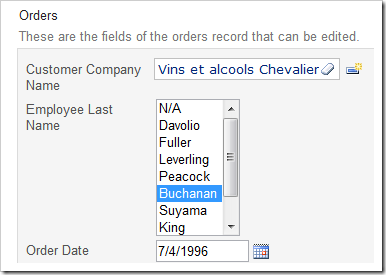Employee Last Name lookup field configured as a List Box with 8 rows.