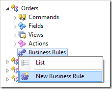 New Business Rule context menu option in the Project Explorer.