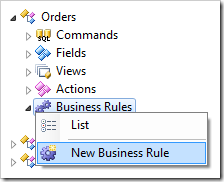 New Business Rule context menu option in the Project Explorer.