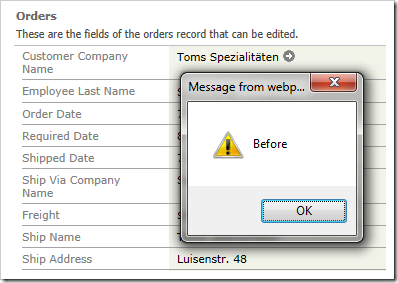 Alert displaying 'Before' when user navigates to the form view of an order.