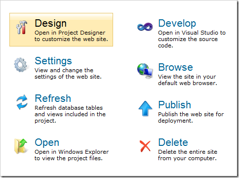 Design option on the Project Action page of the web application generator.