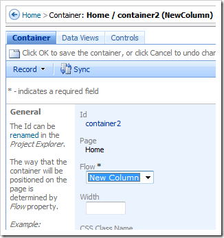 Container properties page open in the Project Browser.