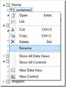 Rename context menu option for 'container2' node in the Project Explorer.