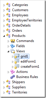 View 'grid1' of Products controller selected in the Project Explorer.