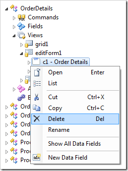 Delete context menu option for a category in the Project Explorer.