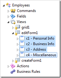 Categories selected under the 'editForm1' view of Employees controller in Code On Time web application Explorer.
