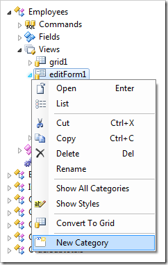 New Category context menu option on a form view.