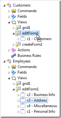 Dropping 'c3' category onto view 'editForm1' in controller 'Customers'.