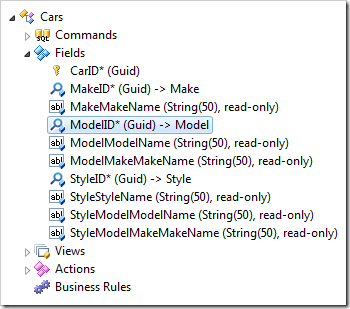 Selecting the MakeID field of Cars controller in the Project Designer.