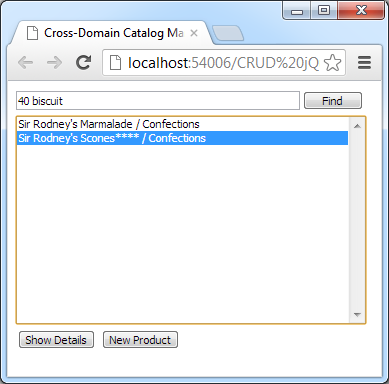 Selecting a product for update in a cross-domain client of a web app created with Code On Time