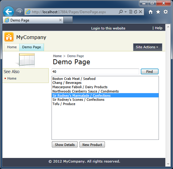 A CRUD-enabled Product Catalog Manager implemented as a User Control in a web app created with Code On Time