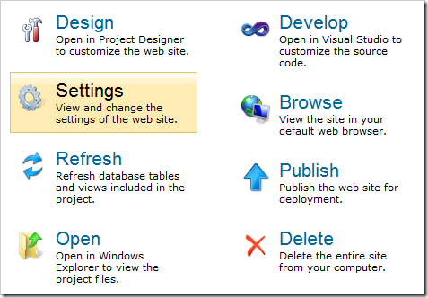 Settings option on a Project Actions page in Code On Time web app generator.