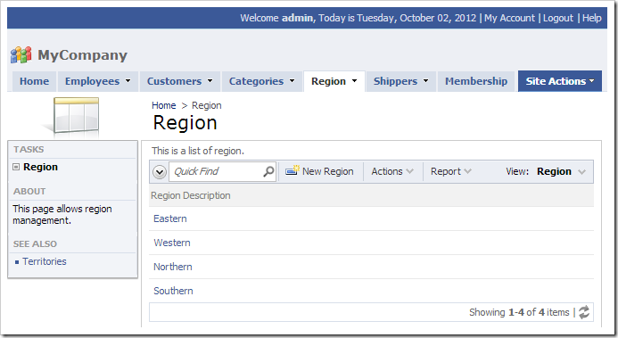 Region page added to the web application.