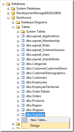 Design context menu option for Suppliers table node in the Object Explorer.