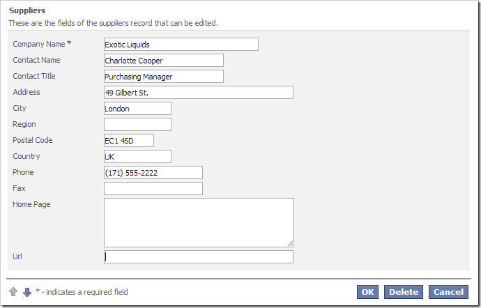 Suppliers edit form with Url field added to the bottom.
