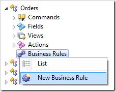 New Business Rule context menu option for Orders controller.