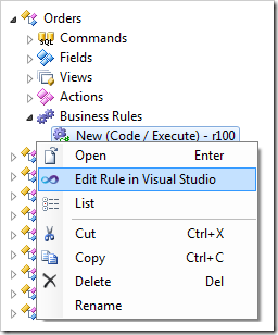 Edit Rule in Visual Studio context menu option available on the code business rule node in the Project Explorer.
