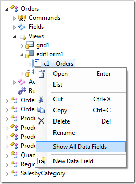 Show All Data Fields context menu option for 'c1 - Orders' category node.