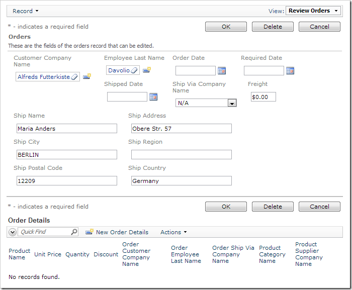 Saving a new record will keep the form in edit mode. Order Details will appear below.