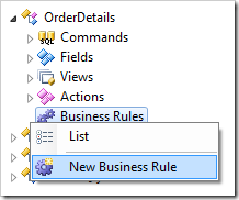 New Business Rule context menu option for OrderDetails controller.