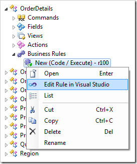 Context menu option to edit the code business rule in Visual Studio.