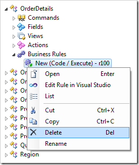 Delete context menu option for the code business rule in OrderDetails controller.