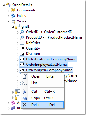 Deleting three data fields from 'grid1' view of OrderDetails controller.