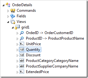Quantity data field node in 'grid1' view of OrderDetails controller.