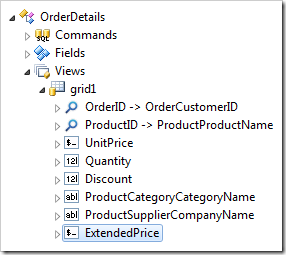 ExtendedPrice data field node in 'grid1' view of OrderDetails controller.