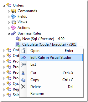 Edit Rule in Visual Studio context menu option for a code business rule.