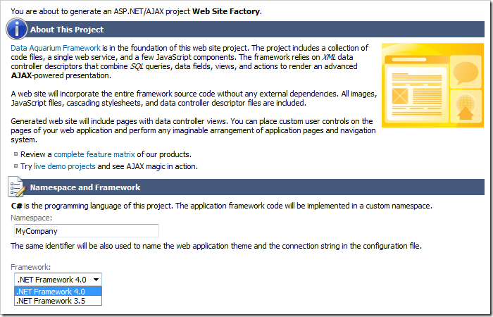 This screen allows changing the Namespace and Framework of the project.