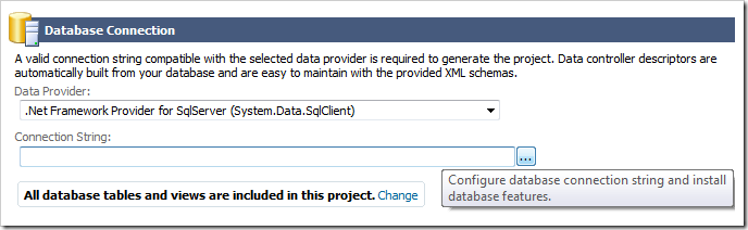 Button to activate the database connection string page.