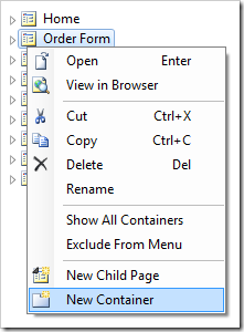 New Container context menu option on a page node in the Project Explorer.