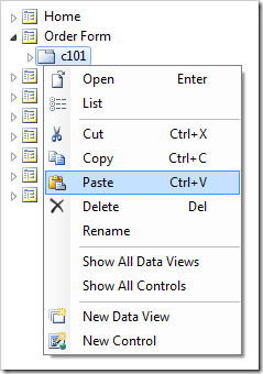Paste context menu option on container 'c101' in the Order Form page.