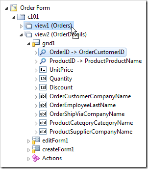 Dropping OrderID data field node onto view1 data view node to establish a master-detail relationship.