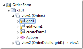 View 'grid1' of Orders data controller, accessed view data view 'view1' on the Order Form page.