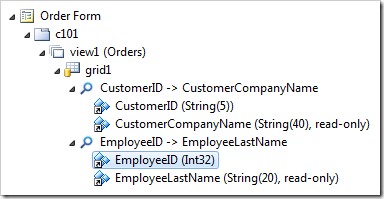 EmployeeID field reference node under the EmployeeID data field of grid1 view.