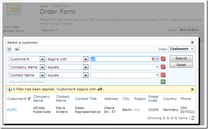 When a new order is created, a lookup will open that will prompt selection of a customer.