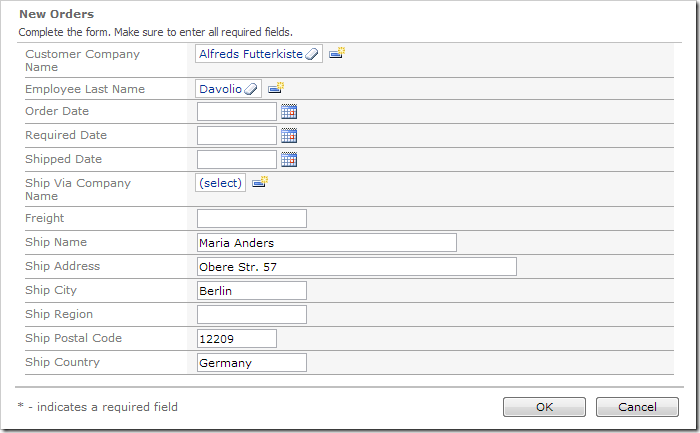 New Orders form with Customer and Employee selected. Shipping information from the customer has been copied over.