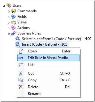 'Edit Rule in Visual Studio' context menu option for a code business rule.