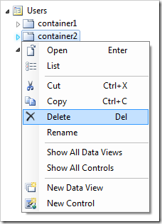 Deleting 'container2' on the Users page.